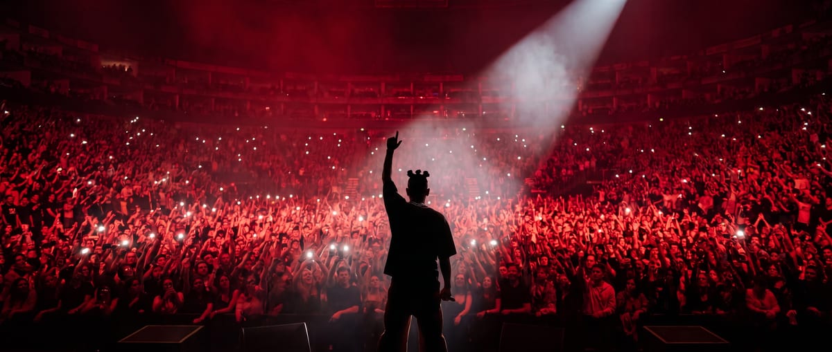 ST MAN silhouetted in red stage light over a packed arena at a live show