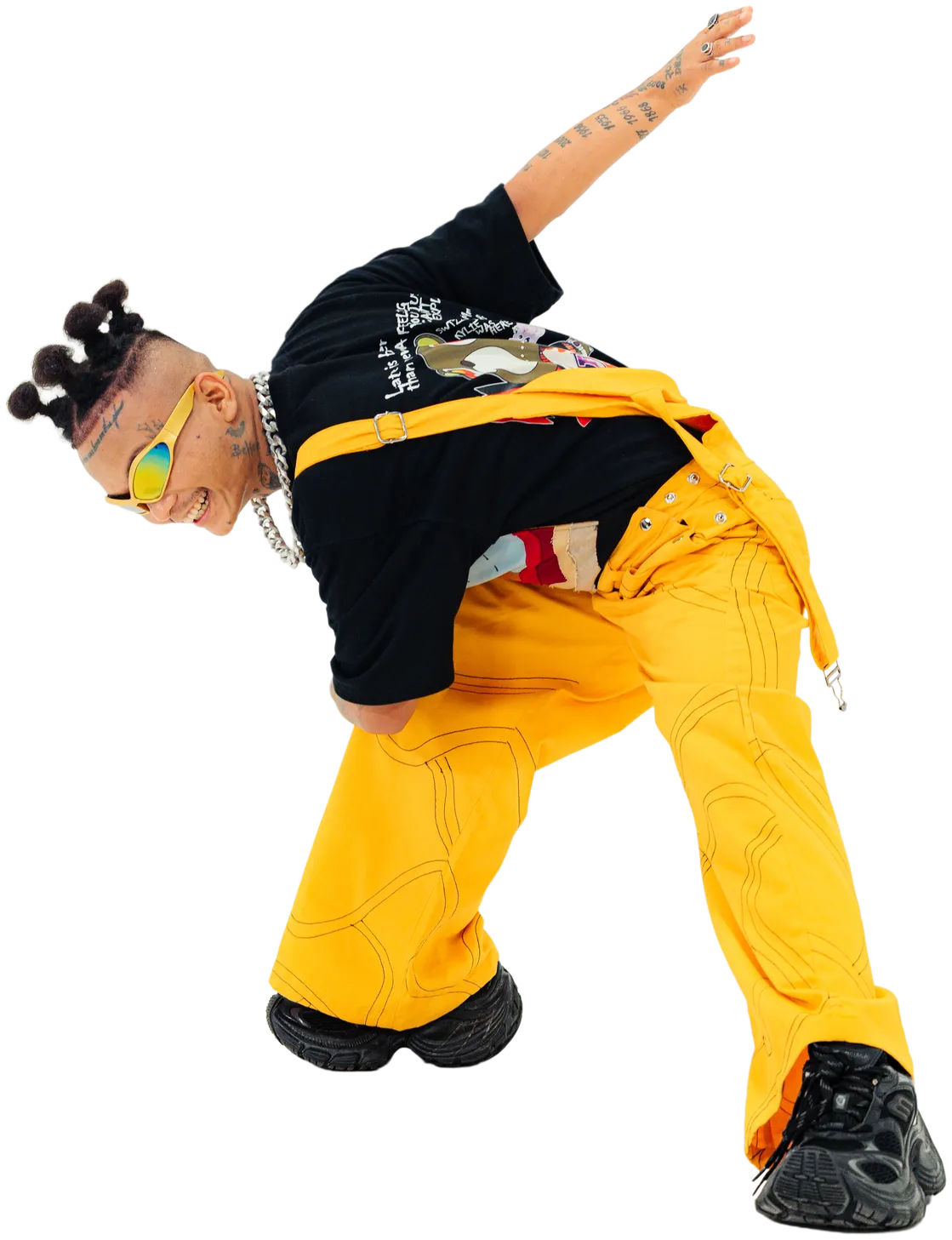 ST MAN bent forward mid-movement in yellow overalls
